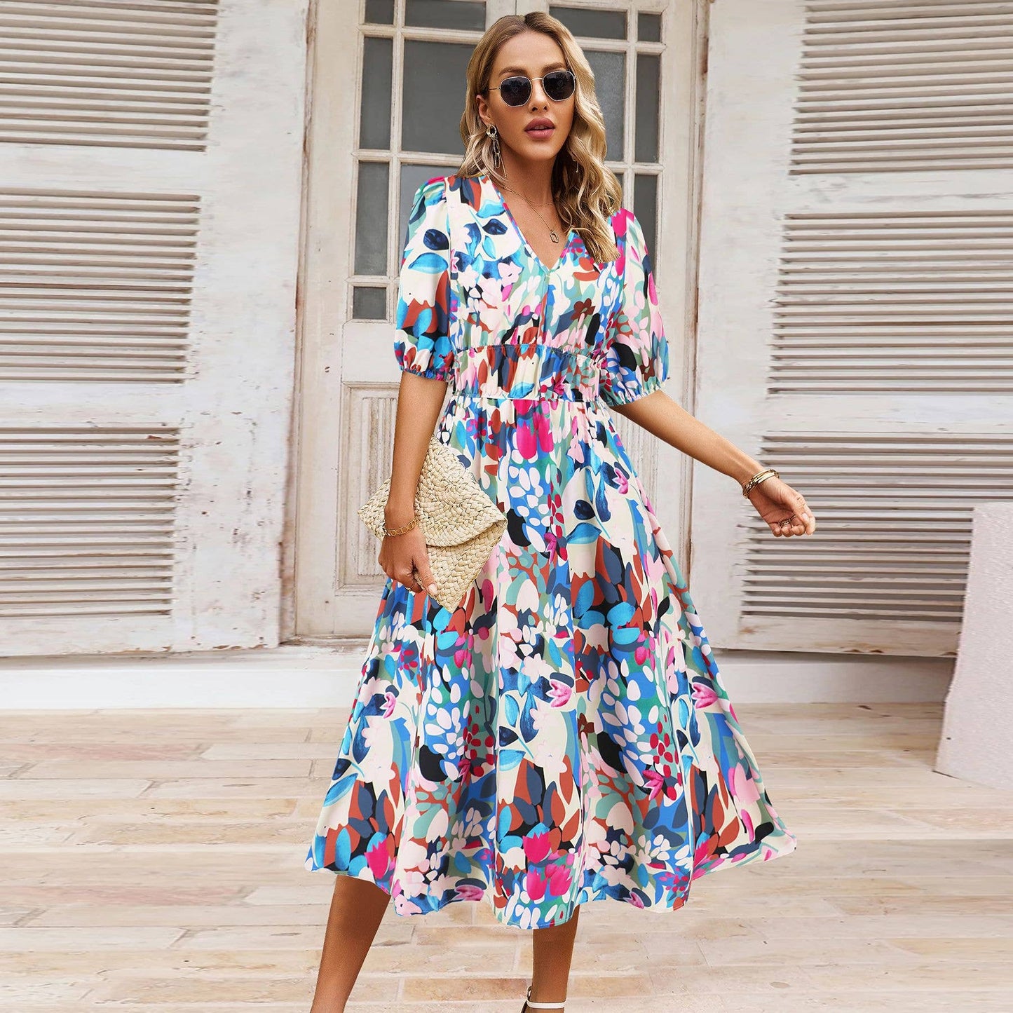 Boho V-Neck Floral Maxi Dress with Waist Tie