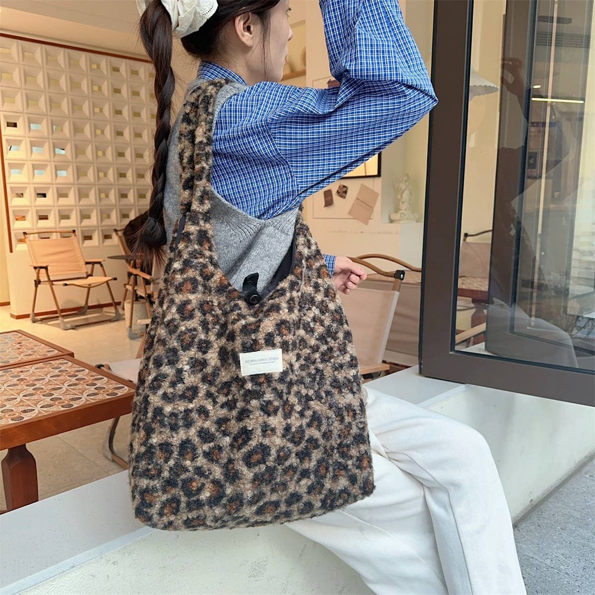 CWAB3900_PLUSH LARGE CAPACITY LEOPARD PRINT SHOULDER BAG