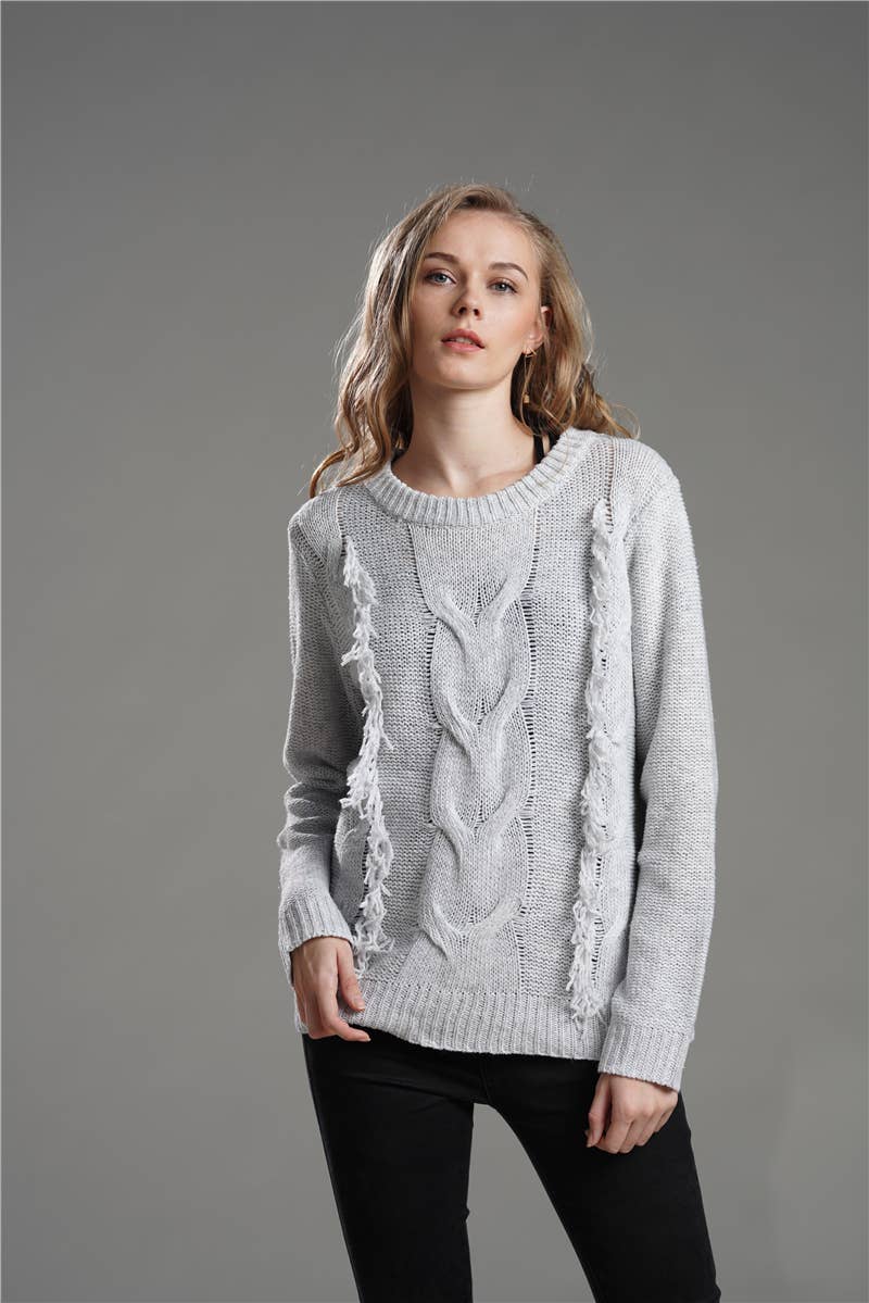 CREWNECK LONG SLEEVE PULLOVER SWEATER WITH FRINGE