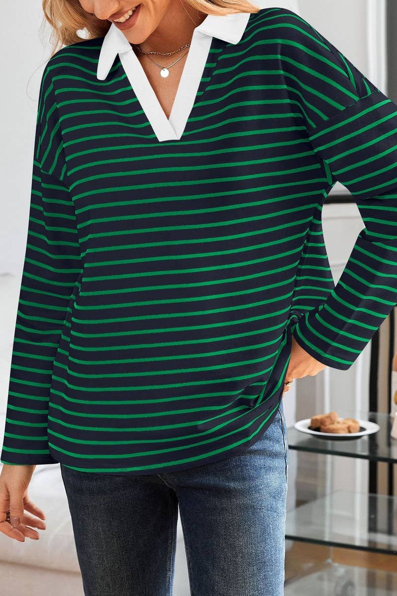 CWTBLL3674_STRIPED V-NECK LOOSE LAPEL SWEATSHIRT TOP