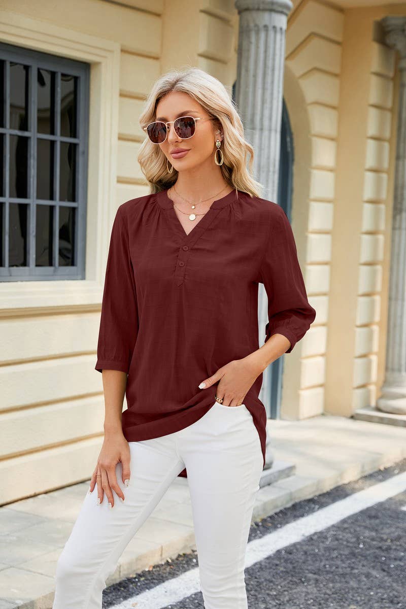 CWTTS0829_3/4 Sleeve V Neck Knit Top