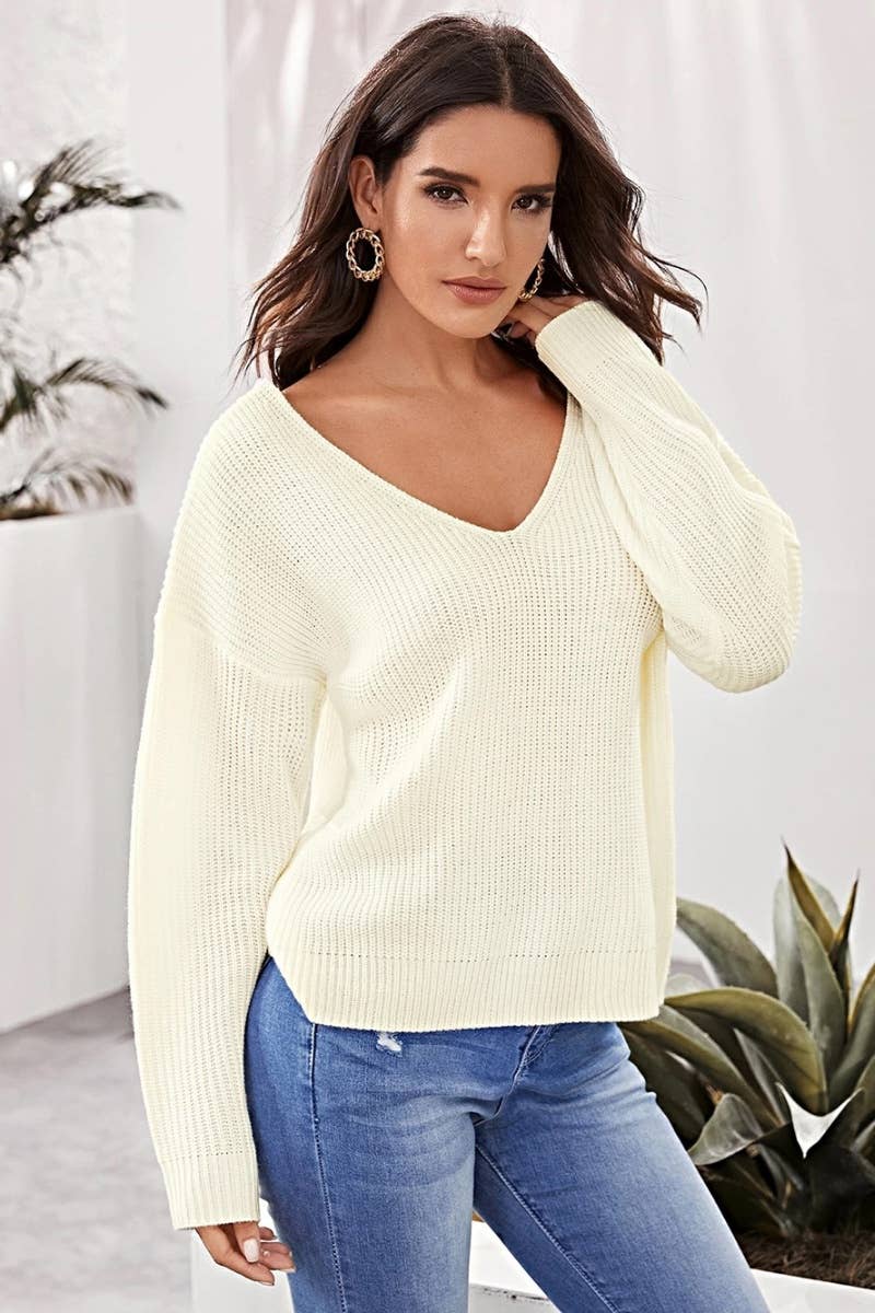 CWOSWL6250_KNIT BACKLESS V-NECK LONG-SLEEVED SWEATER