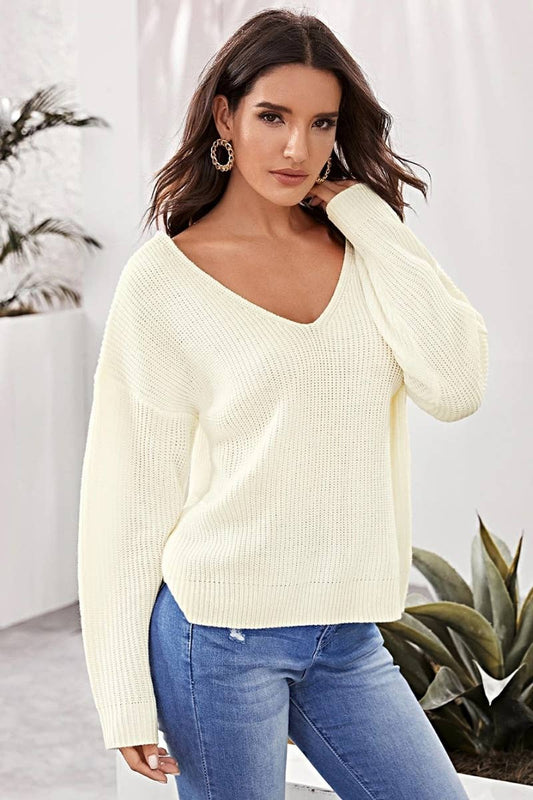 CWOSWL6250_KNIT BACKLESS V-NECK LONG-SLEEVED SWEATER