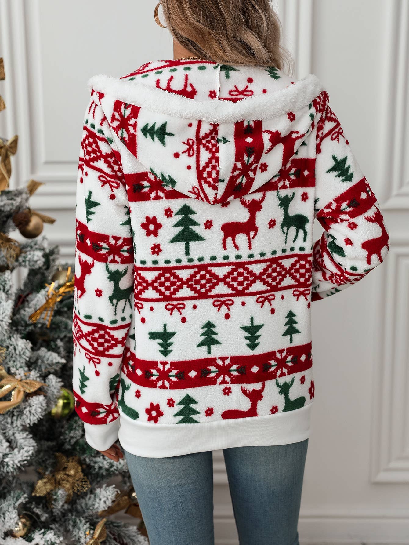Cardigan Christmas print fleece coat