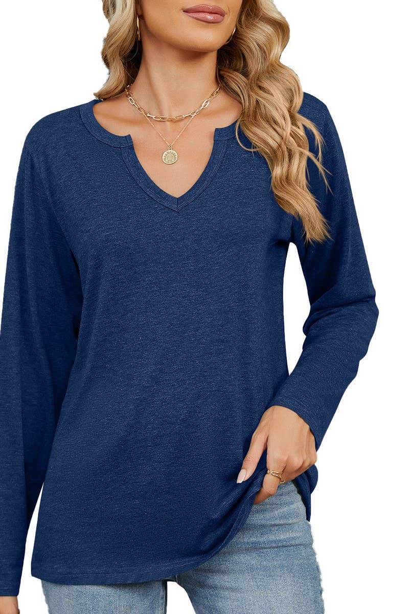CWTBLL2369_V-NECK SOLID COLOR LOOSE LONG-SLEEVED T-SHIRT