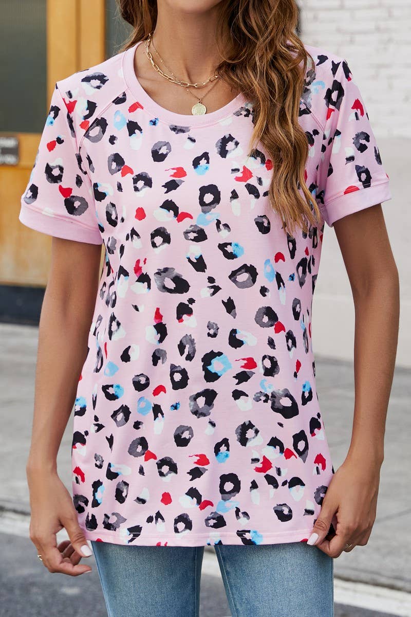 CWTBLS0348_V-Neck Short Sleeve Print Top