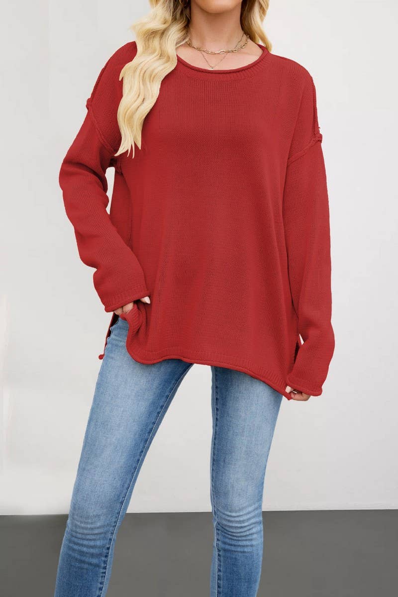 CWOSWL7018_SOLID COLOR ROUND NECK LOOSE PULLOVER SWEATER