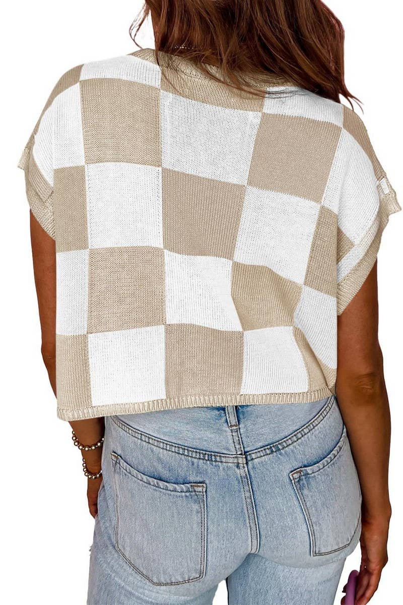 CWTTS1362_SUMMER NAVEL CHECKERBOARD SHORT SLEEVE KNIT TOP