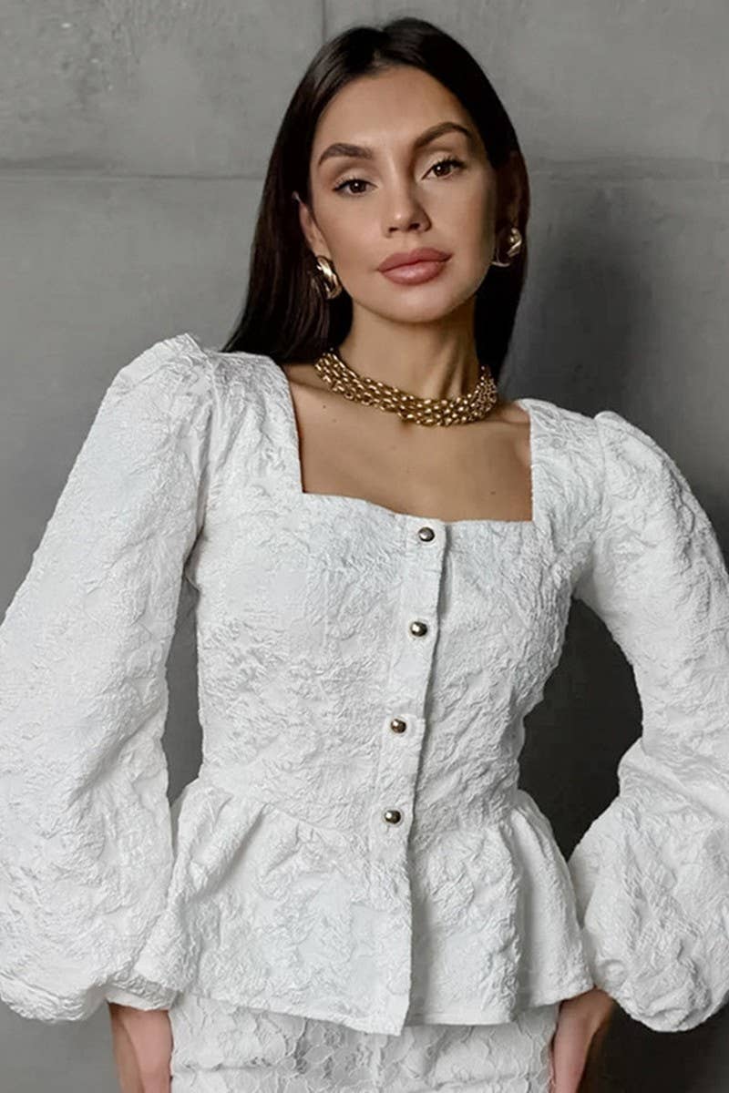 CWTBLL558_SQUARE NECK JACQUARD PUFF SLEEVE SHIRT