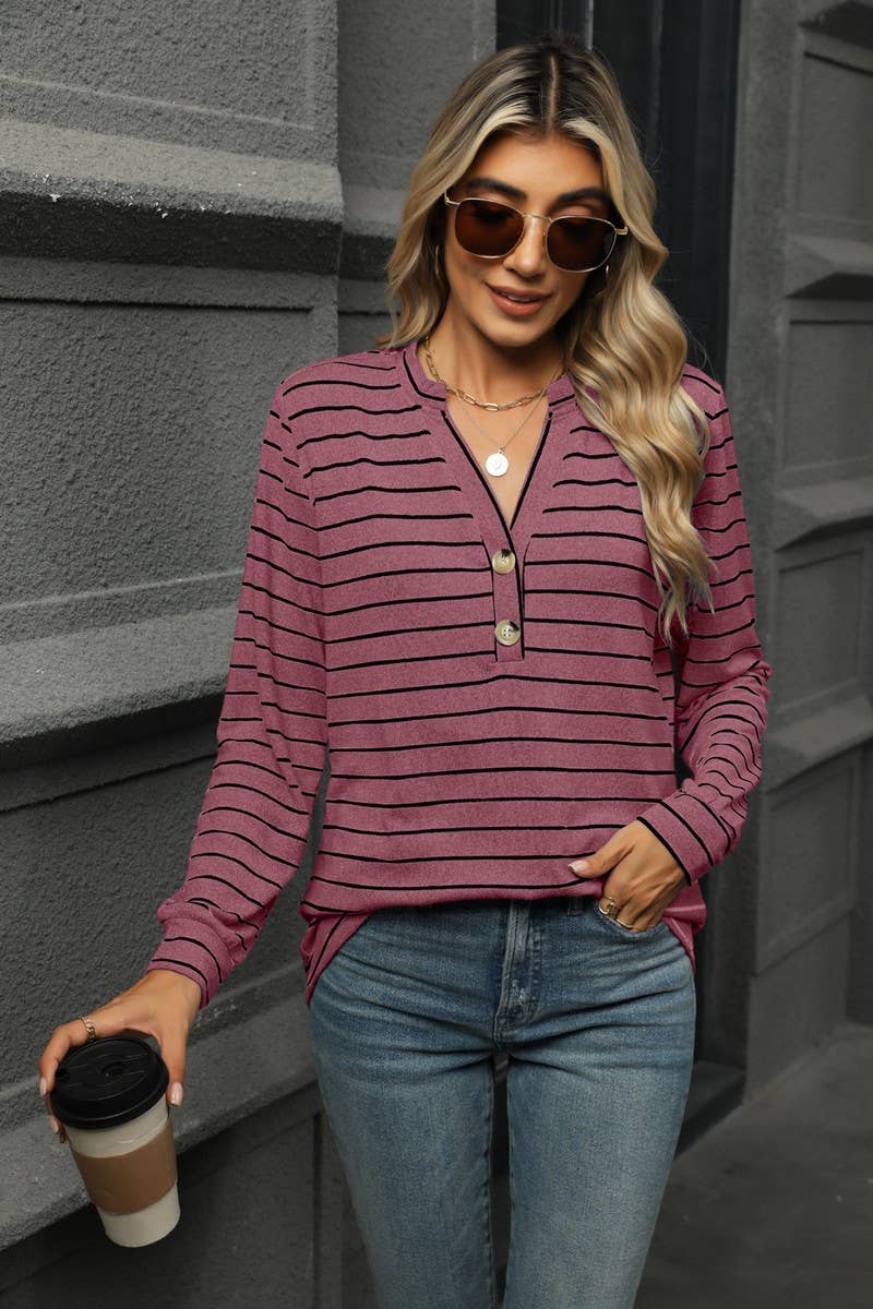 CWTBLL1864_STRIPED BRUSHED BUTTON LONG-SLEEVED T-SHIRT