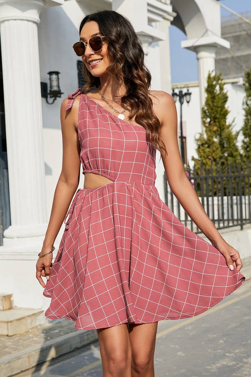 CWDSD2707_One Shoulder Tied Tiered Detailed Plaid Dress