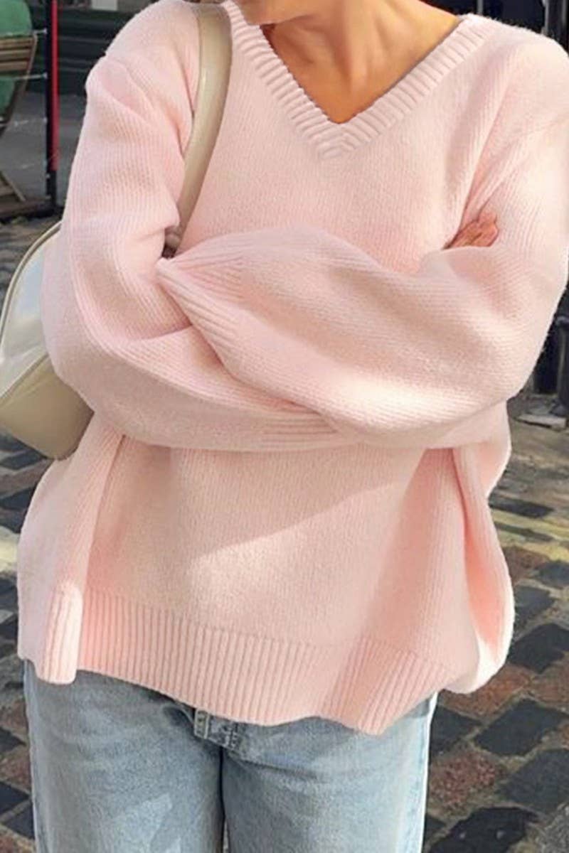 CWOSWL07486_CASUAL V-NECK SOLID LONG SLEEVE KNIT SHIRT