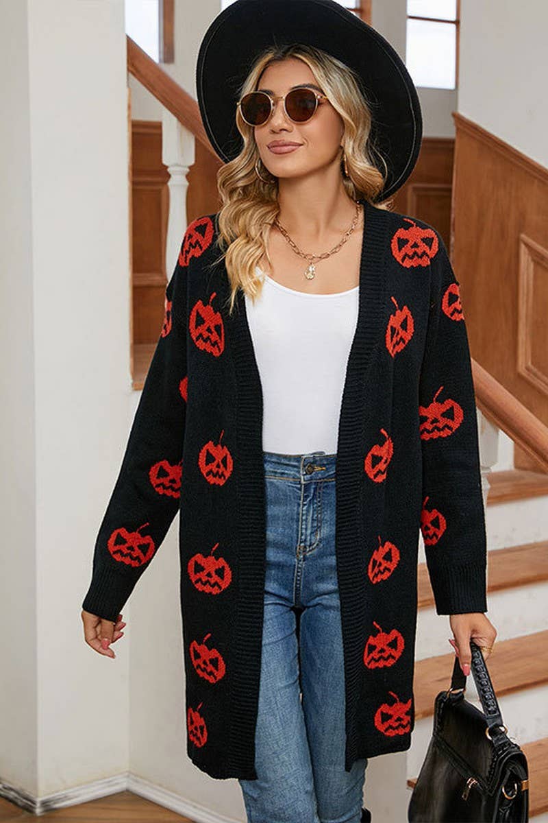 CWOCAL00696_HALLOWEEN PUMPKIN JACQUARD LONG KNIT CARDIGAN