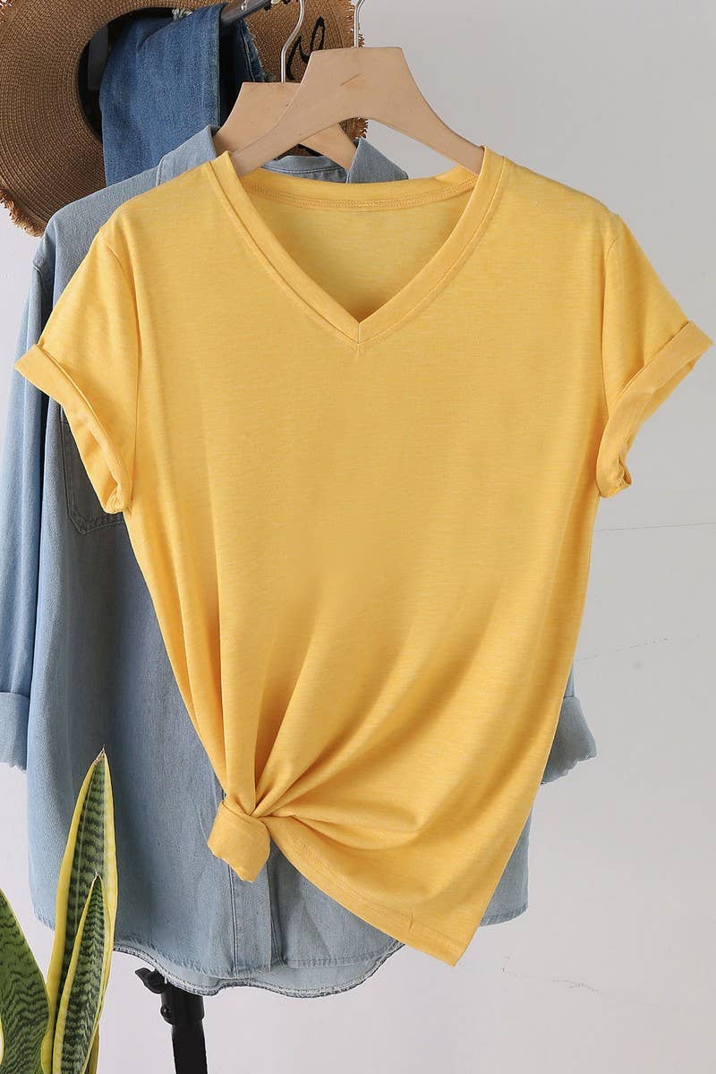 CWTTS1544_V-NECK FASHION SIMPLE SOLID COLOR SHORT SLEEVES