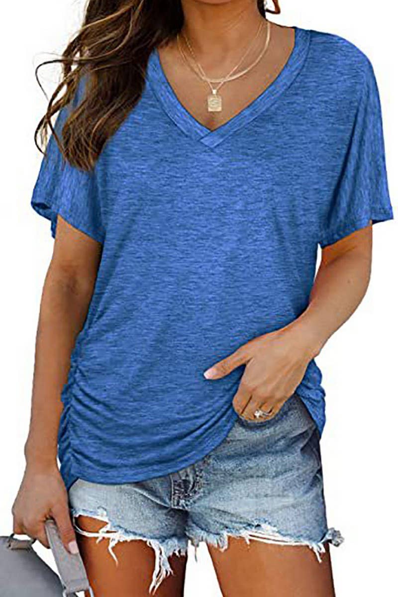 CWTTS1178_V-NECK SOLID COLOR CASUAL LOOSE TOP