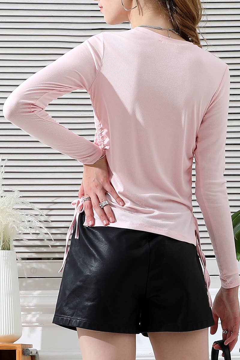 CWTTL1104_LONG SLEEVE CREW NECK LACE-UP STRING SHIRRING TOP