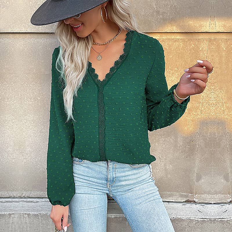 COMMUTER LONG SLEEVE LACE PATCHWORK V-NECK SHIRT
