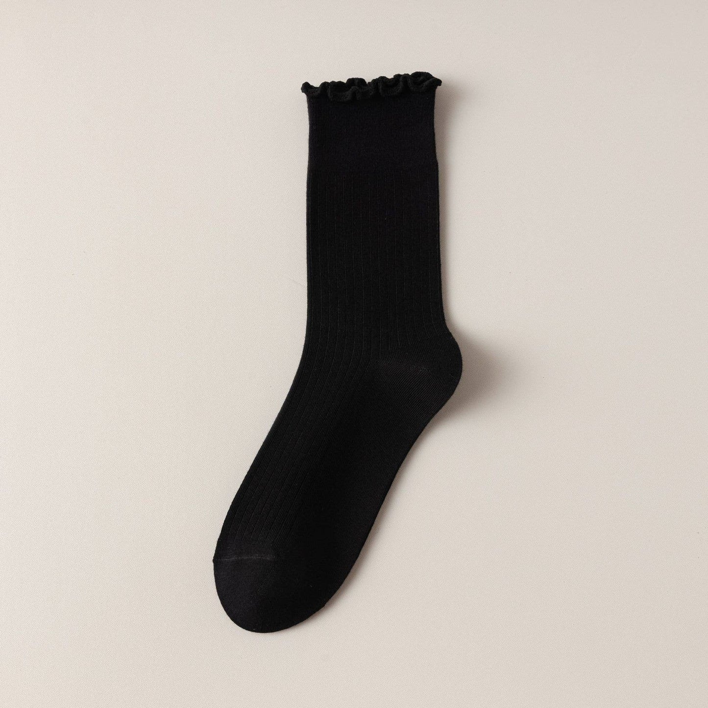 Vertical Stripes Thin Solid Ruffle Crew Socks