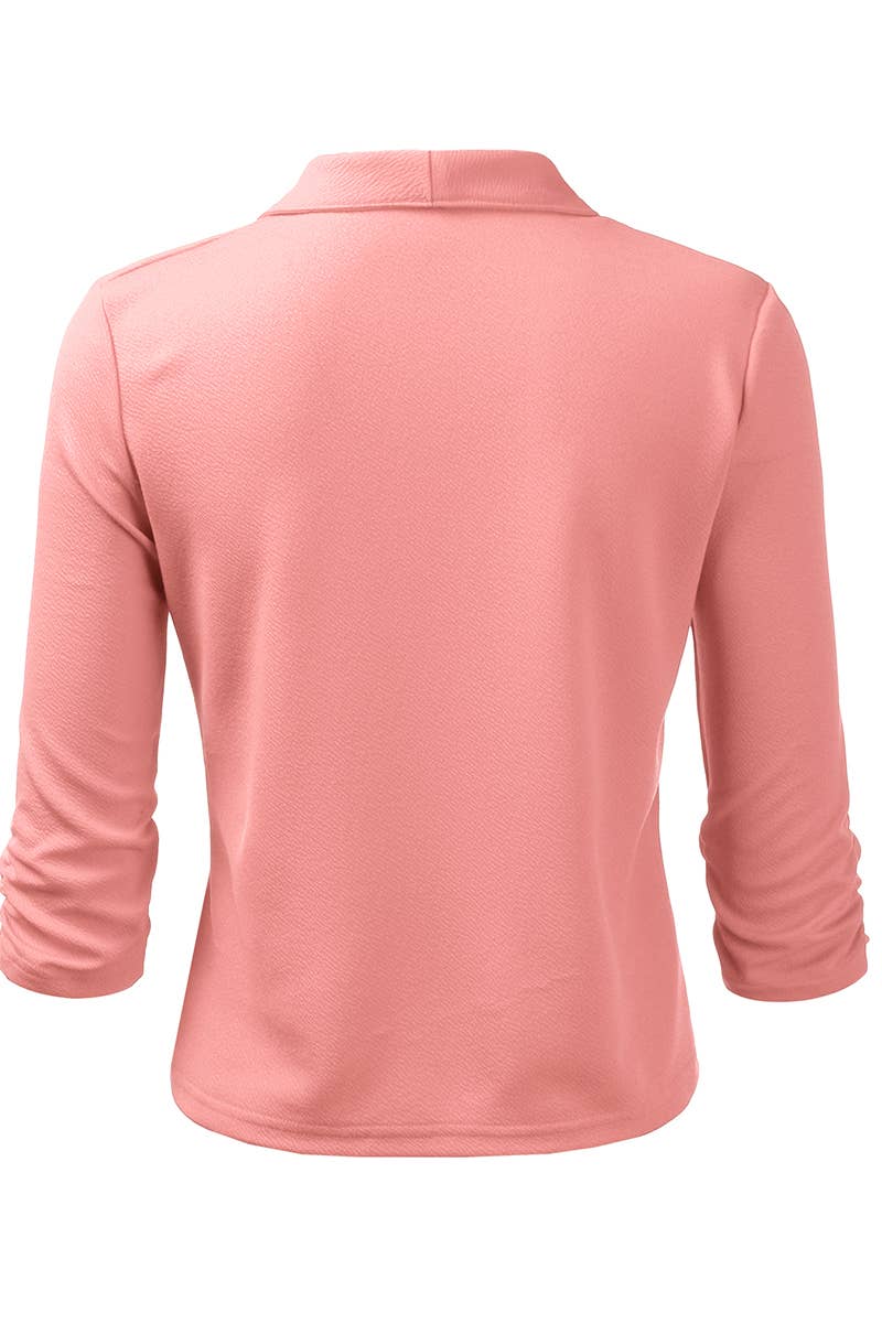 CWOBL091_Casual Work Ruched 3/4 Slv Open Front Blazer Jacket