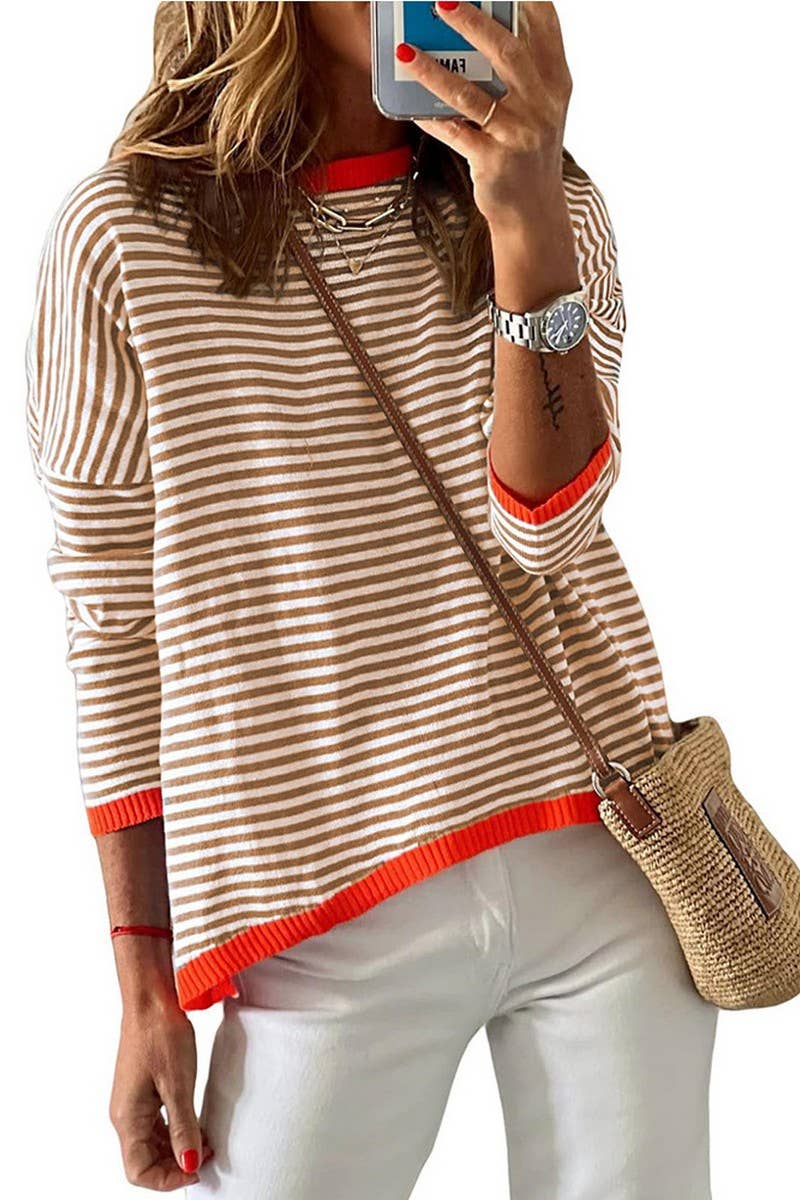 CWTBLL1486_CREW NECK STRIPED CONTRAST KNIT SWEATER