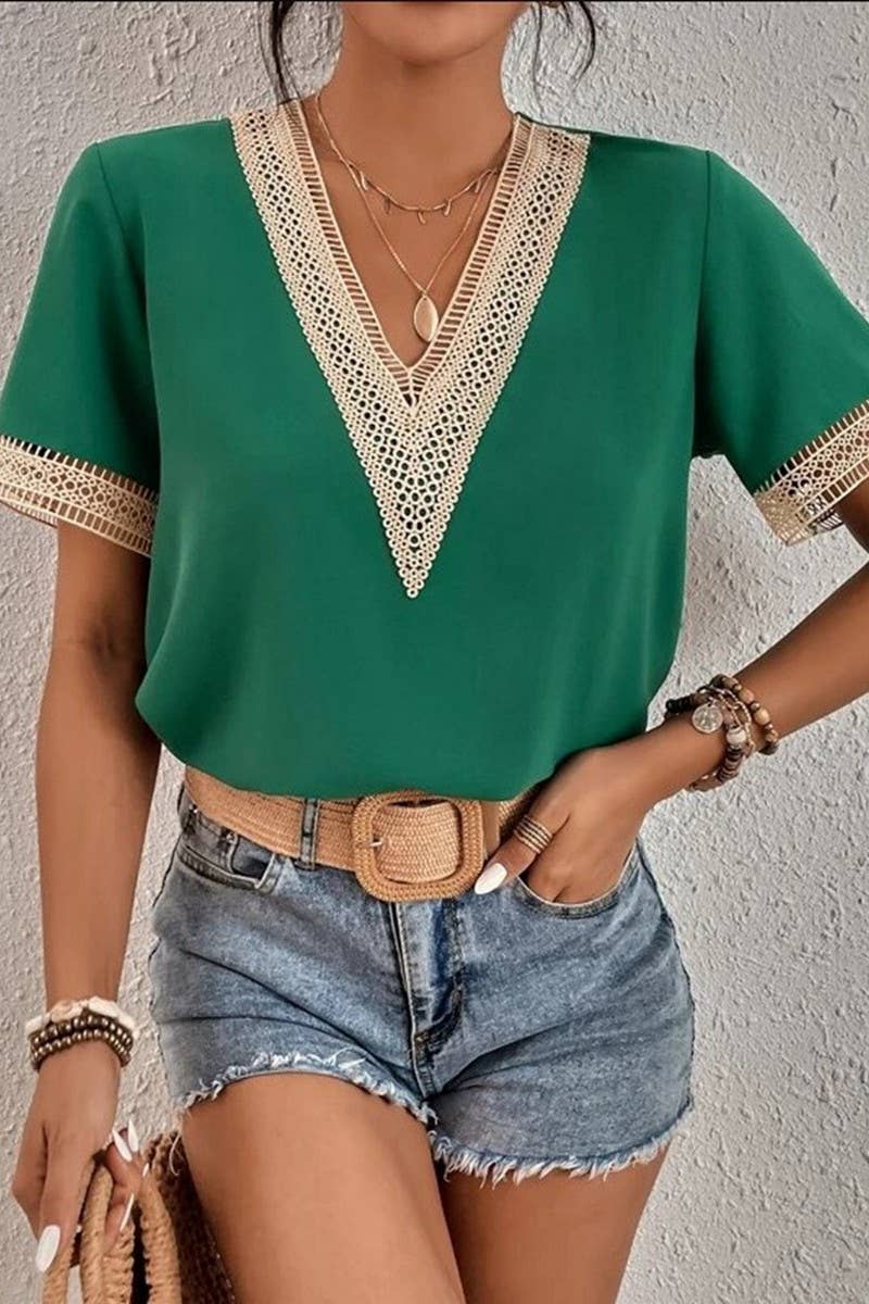 CWTBLS0826_V-NECK LACE CASUAL SOLID COLOR SHIRT