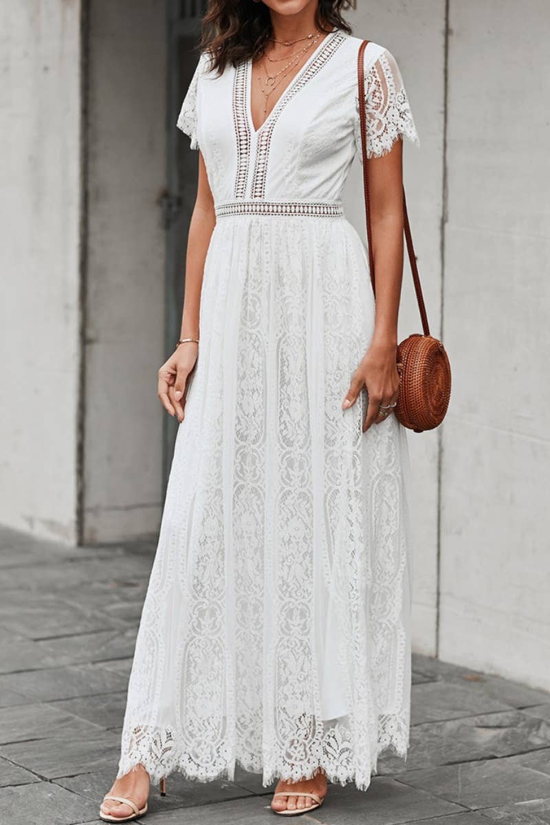 CWDMD2986_V-NECK LACE SHORT-SLEEVED DRESS LONG