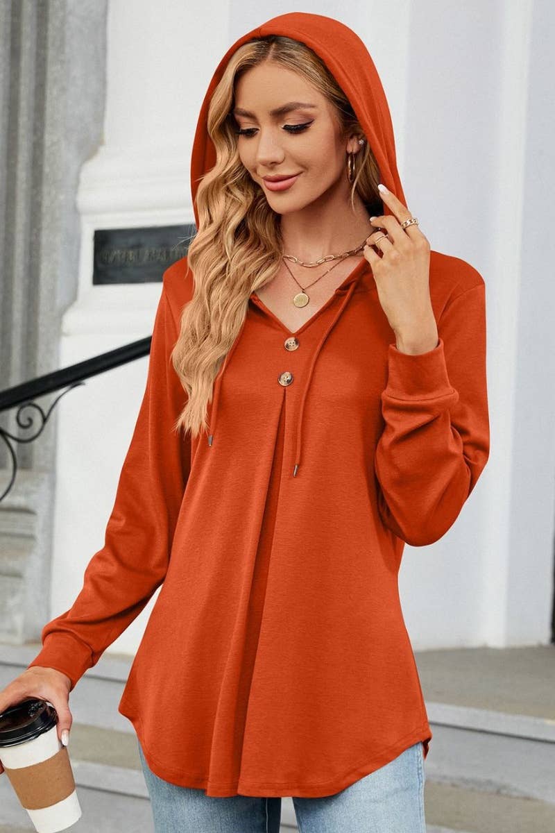 CWTBLL2682_SOLID COLOR DRAWSTRING LONG-SLEEVED HOODED TOP