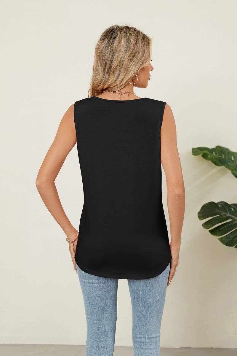 CWTBLSL0971_RUCHED SLEEVELESS CREWNECK SOLID TANK TOP