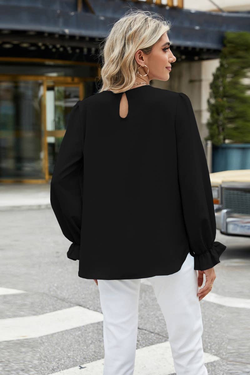 CWTBLL2871_CREW-NECK CHIFFON BAGGY LONG-SLEEVED BASE TOP