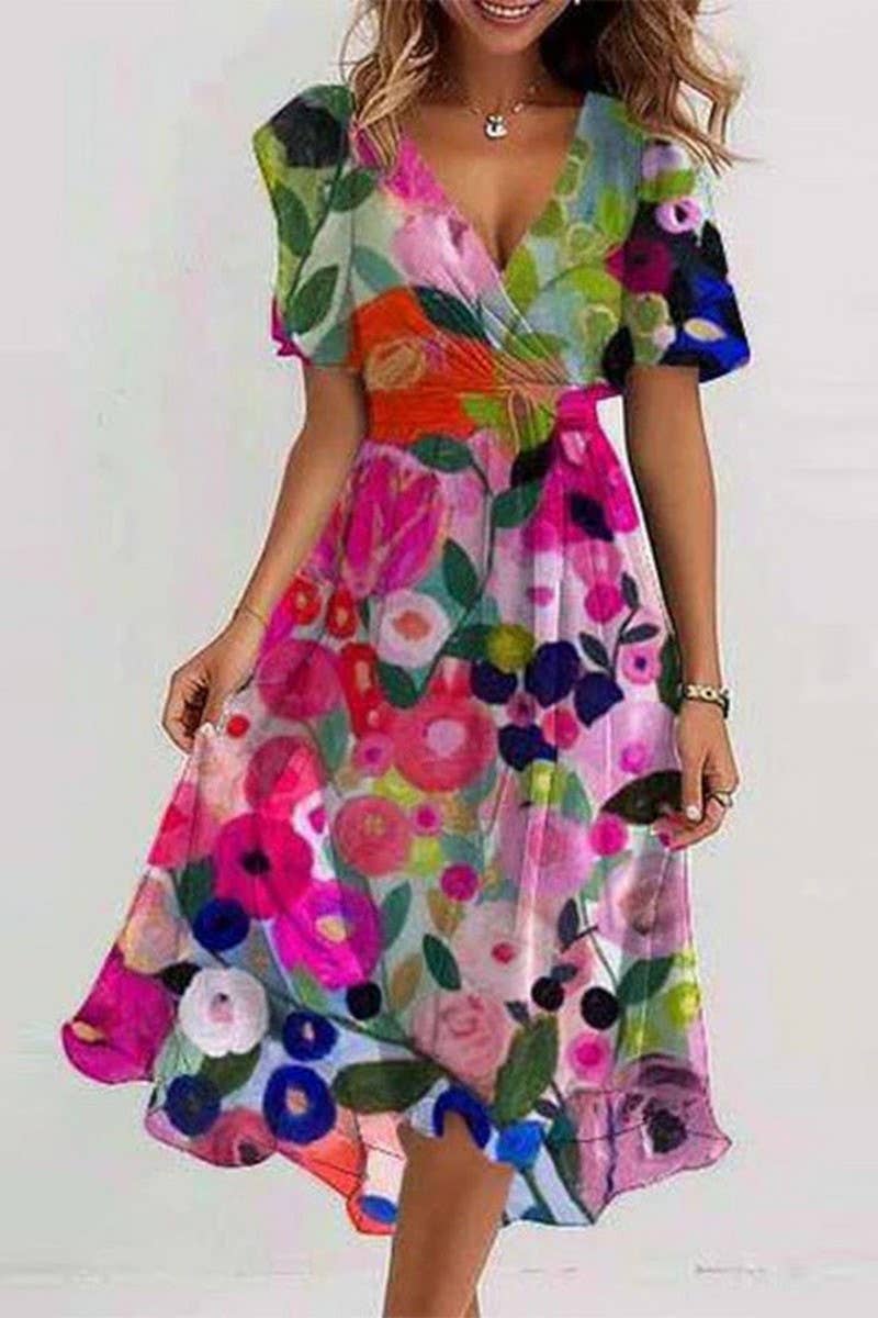 CWDMD01029_LOOSE AND CASUAL V-NECK FLORAL PRINT DRESS