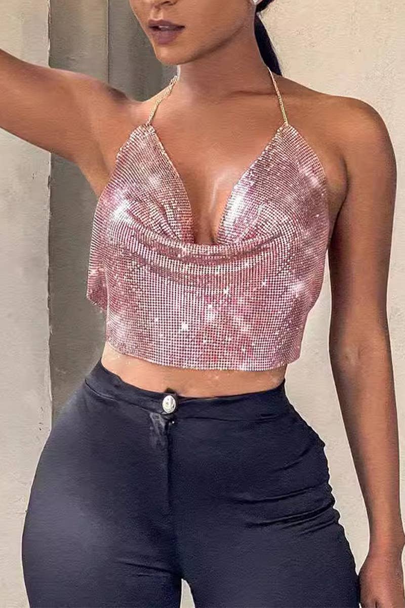 CWTTSL0402_DEEP V HOLLOW SEQUIN SEXY SWIMSUIT BACKLESS TOP