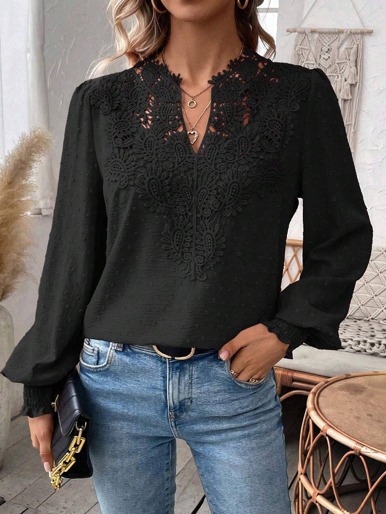 Fashion V-neck lace long sleeve casual T-shirt