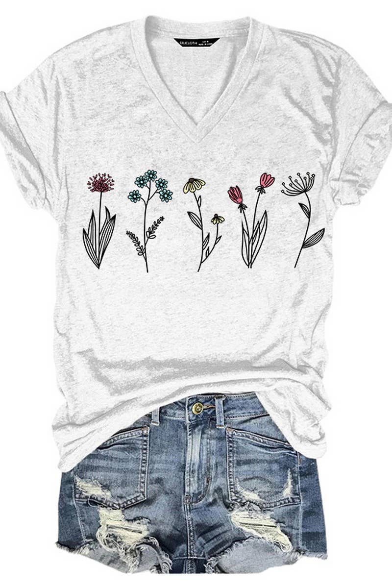 CWTTS1067_SMALL FLOWER PRINT V NECK SHORT SLEEVED T SHIRT