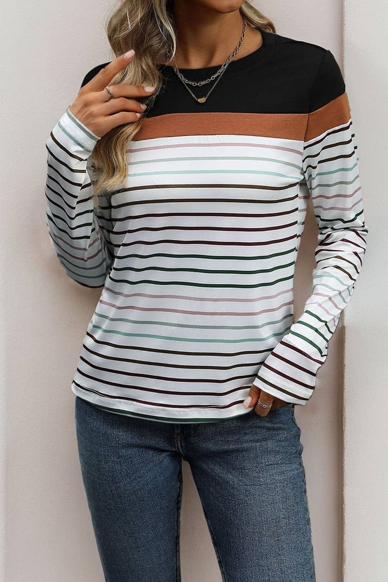 CWTBLL2874_CASUAL STRIPED COLOR CONTRAST LONG SLEEVE TOP