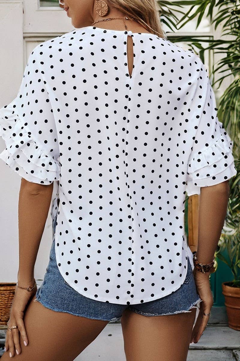 CWTBLS0941_POLKA DOT BAT SLEEVE RUFFLE SHIRT