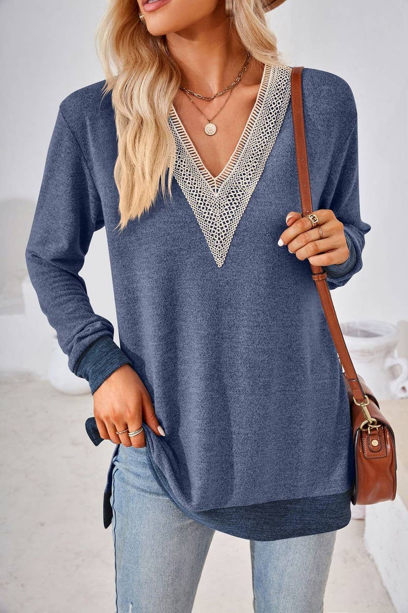 CWTBLL3660_AUTUMN NEW V-NECK LACE SOLID COLOR LOOSE T-SHIRT