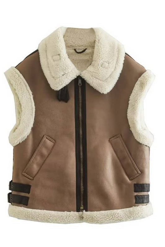 CWOV0467_FUR LAPEL THICKENED VEST COAT