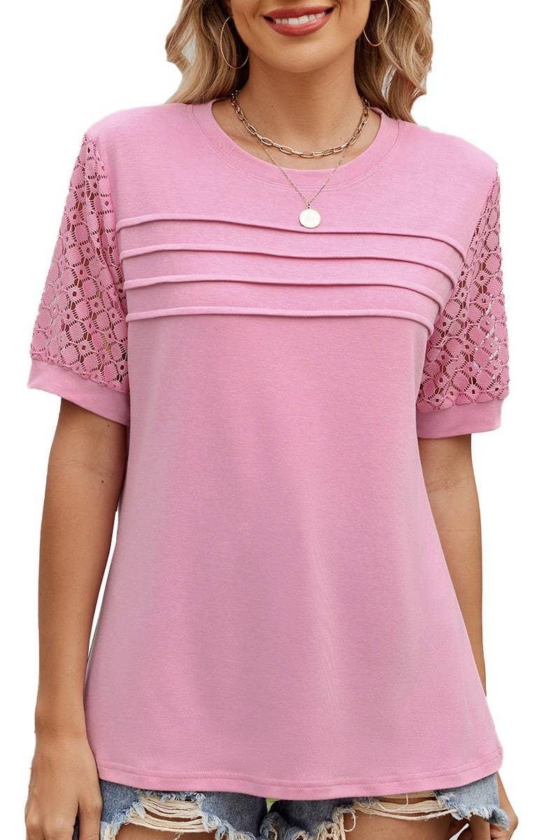 CWTBLS1726_SOLID COLOR ROUND NECK LACE SLEEVE T-SHIRT TOP