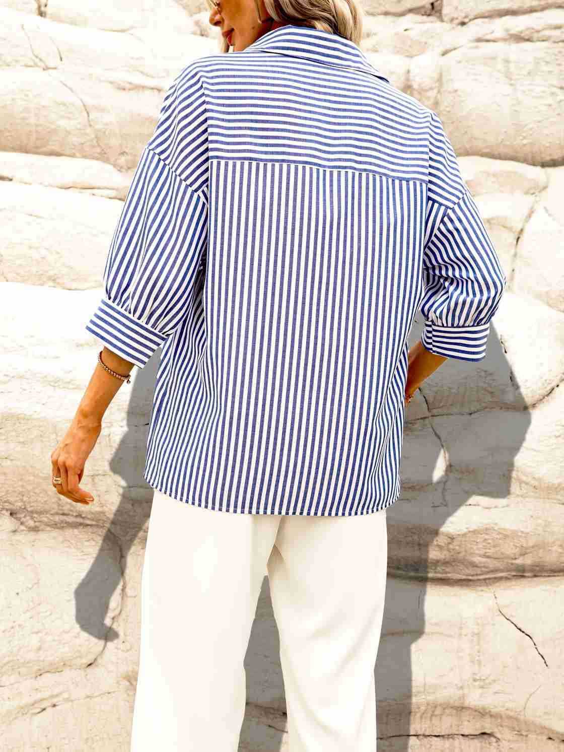 CASUAL HARBOR STYLE LAPEL MID-SLEEVE STRIPE SHIRT