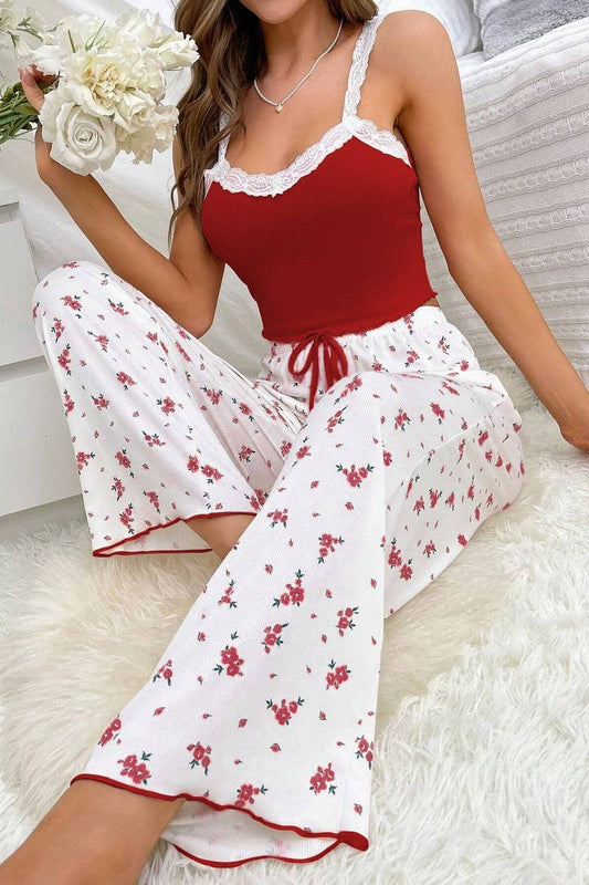 CWSPJ00486_FLORAL LACE CAMI AND PANTS SUMMER PAJAMA SET