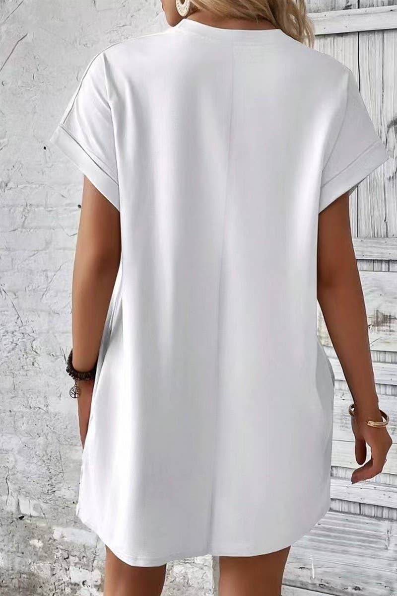 CWDSD3628_SOLID COLOR ROUND NECK LOOSE POCKET SHORT DRESS