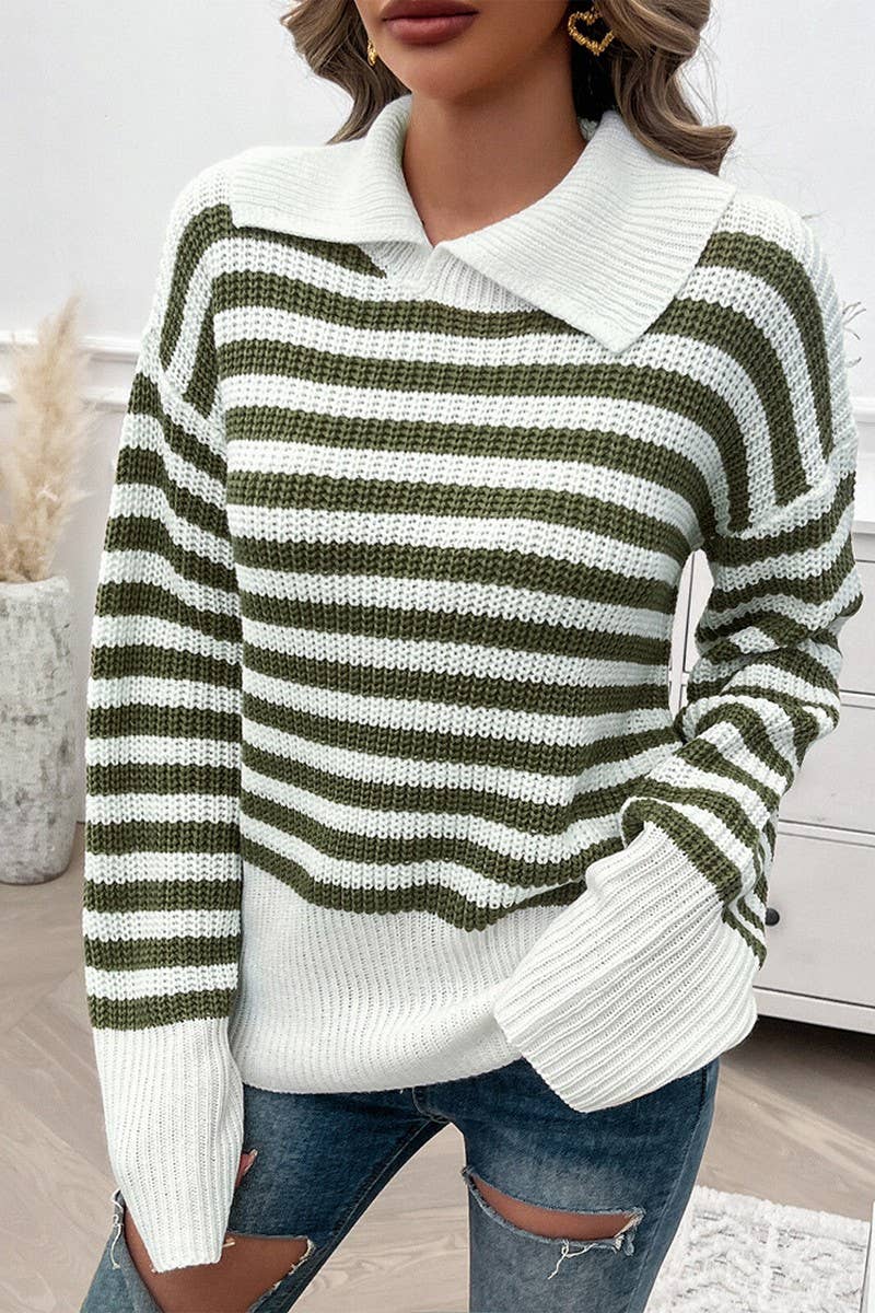 CWOSWL6817_CASUAL LOOSE LAPEL STRIPED LONG SLEEVE SWEATER