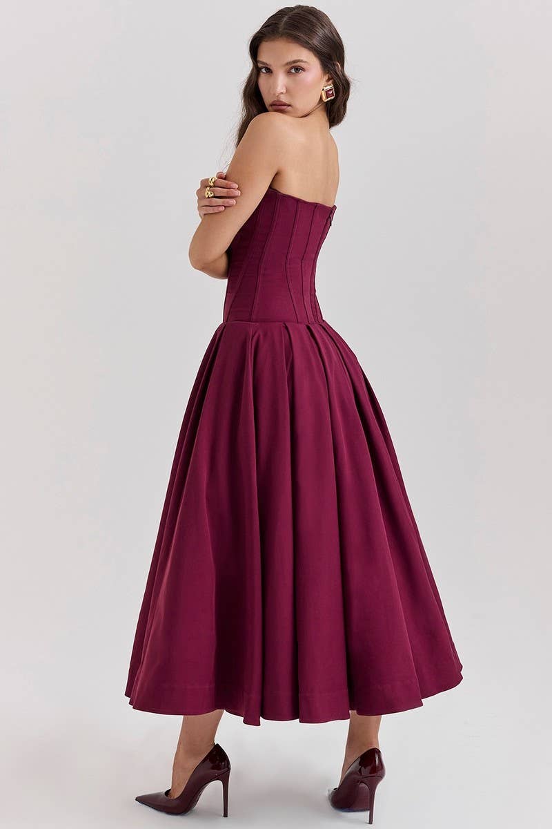 CWDTD0466_SLEEVELESS SOLID COLOR STRAPLESS MIDI DRESS
