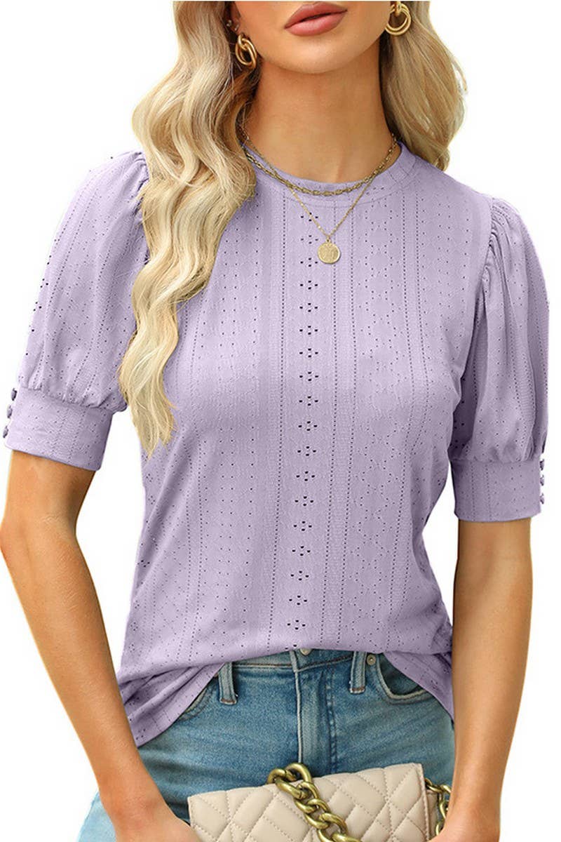 CWTBLS1599_ROUND NECK SOLID COLOR HOLLOW SHORT SLEEVE TOP