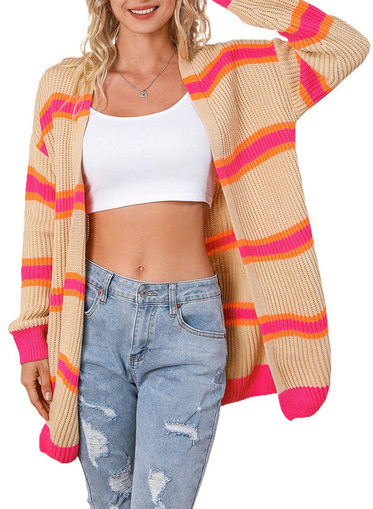 Contrasting color unbuttoned fashion knit cardigan jacket