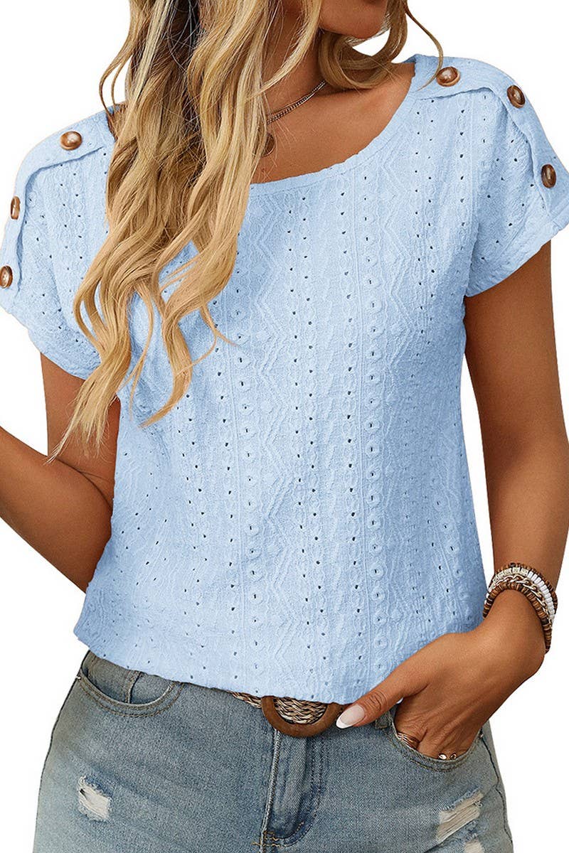 CWTBLS1709_ROUND NECK BUTTON SHORT SLEEVE CUTOUT TOP