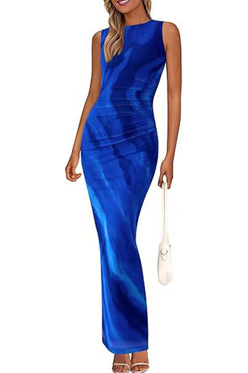 CWDMD6368_PLEATED FLORAL BODYCON SLEEVELESS MESH DRESS