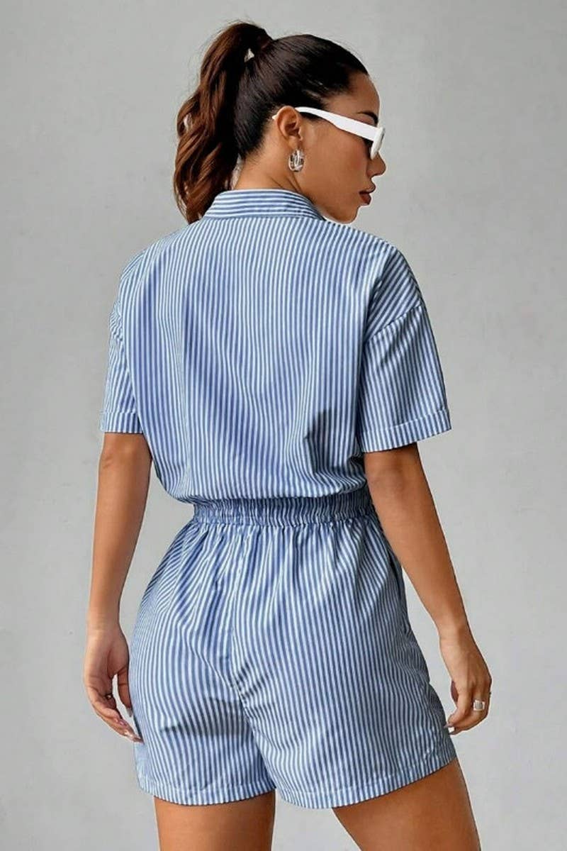 CWSS1216_STRIPED BUTTON CASUAL SHORT SLEEVE WAIST JUMPSUIT