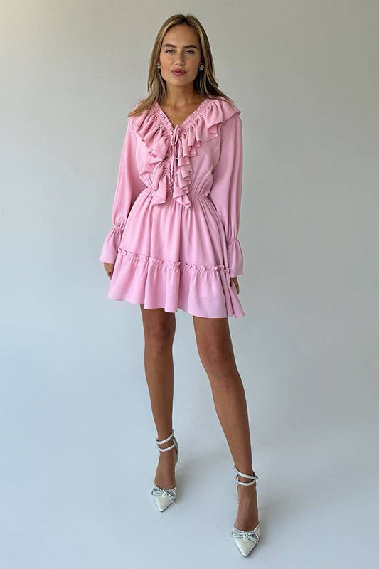 CWDSD7805_V-NECK BELL SLEEVE SHORT CHIFFON DRESS