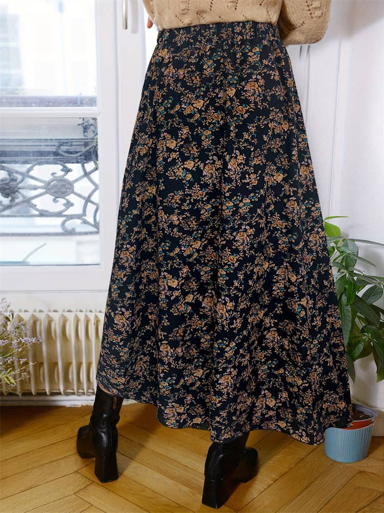 Elastic waist floral print A-line skirt